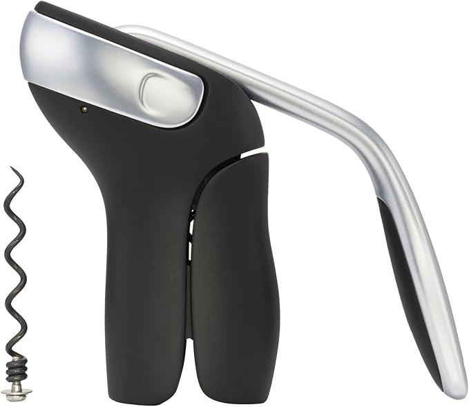 OXO SteeL Vertical Lever Corkscrew with Removable Foil Cutter,Black/Silver,2.1 & SteeL Expanding Leakproof Wine Stopper, (2 Pack)