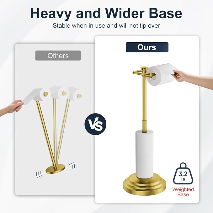 Bathroom Toilet Paper Holder Stand, Brushed Gold Toilet Paper Holder Free Standing, Stainless Steel Pivoting Toilet Tissue Roll Holder，Adjustable Height (14.76'' to 23.36'') Paper Holder