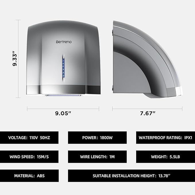 Commercial Hand Dryer Electric Compact Hand Dryer for Bathrooms Commercial 1800W High Speed Hand Dryer with Hot Cold Air and Noise Reduction 110V Silver