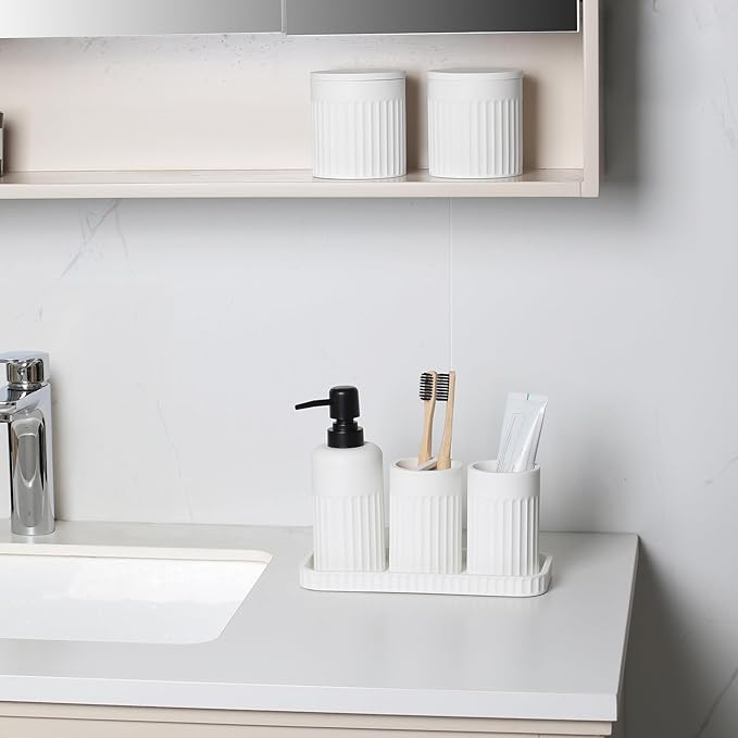 INIUNIK Bathroom Accessory Set - 6 Pieces Bathroom Accessories Set Complete with Soap Dispenser, Toothbrush Holders, Tumbler, Vanity Tray and 2 Qtip Holder for Home Organizer and Decor, White