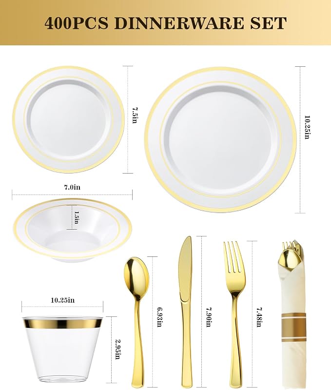 BESTVIP 400PCS Gold Plastic Dinnerware Set, Disposable Party Supplies for 50 Guests - Include 100 Plates, 50 Leak-Proof Soup Bowls, 50 Pre Rolled Napkins with Gold Silverware, 50 Cups