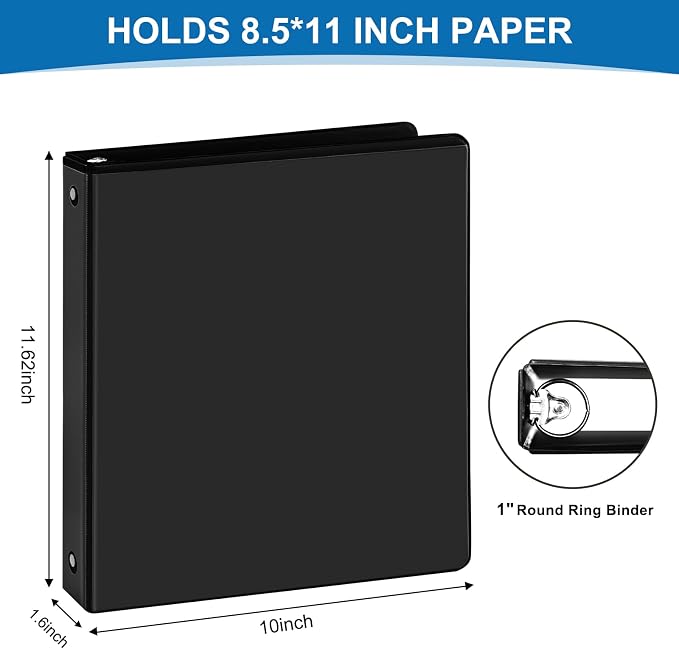 1 Inch Black 3 Ring Binders 12 Pack, PVC-Free Clear View Binder with 2 Interior Pockets, Holds 200 Sheets of 8.5" x 11" Paper for Office, Business Presentations, Projects & Home Organization