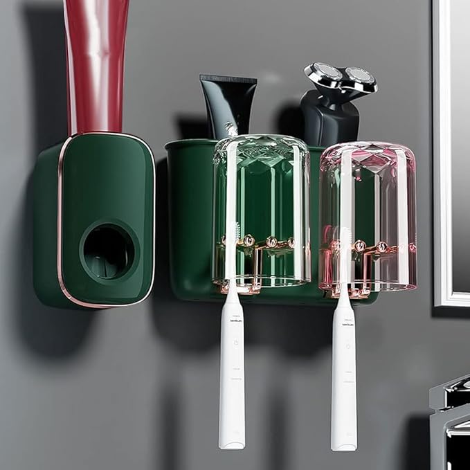 Toothbrush Rack Wall Mounted Toothbrush Holder Multifunctional Bathroom Storage Rack with Mouthwash Cup, Toothpaste Squeezer Kit Bathroom Toothbrush Holder(A)
