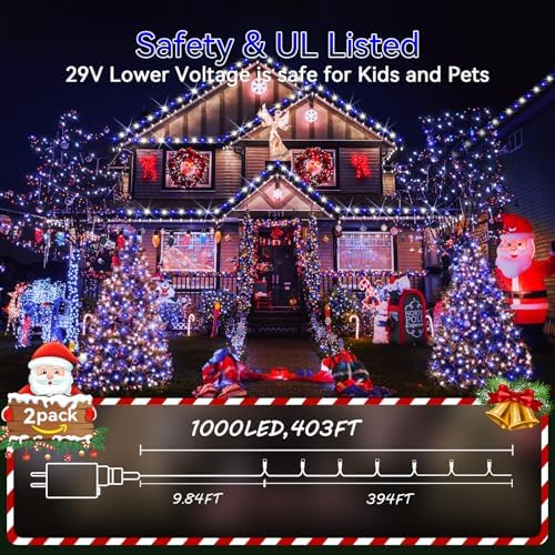 Hezbjiti 2Pack 1000 LED 403 FT Christmas Lights Outdoor String Lights 8 Modes with Timer Memory Waterproof Fairy Lights Plug in for Classroom Bedroom Wedding Party Holiday Xmas Decorations(Blue+White)
