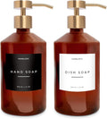 Homelistic Amber Glass Soap Dispenser Set with Champagne Gold Pump – 16oz Refillable Kitchen & Bathroom Soap Dispensers (2 Pack) Rust-Resistant Stainless Steel Pumps, 48 Labels
