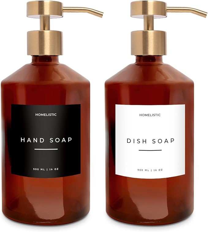 Homelistic Amber Glass Soap Dispenser Set with Champagne Gold Pump – 16oz Refillable Kitchen & Bathroom Soap Dispensers (2 Pack) Rust-Resistant Stainless Steel Pumps, 48 Labels