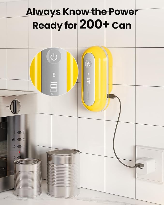 Canslab Retro Rechargeable Electric Can Opener, LED Battery Track&Auto Stop | True One-Touch Operation, Wall-Mountable Small Size, Side Cut Smooth Edge, Rechargeable, for Seniors with Arthritis, Yellow