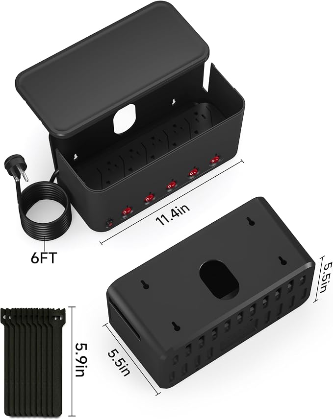 Power Strip with Cable Management Box,Surge Protector 10 AC and 3 USB Ports,6 ft Flat Plug Extension Cord,Outlet Hider Fast Charging Station,Desk Cord Organizer Box and Cover,Hidden Long Wire,Black