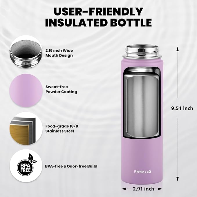 RAYMYLO Insulated Water Bottle 20 oz, Triple Wall Vacuum Stainless Steel (Cold for 24Hrs, Hot for 12Hrs), Leak Proof & Non-BPA, Modern Water Bottle Jug for School with Straw Spout Lids