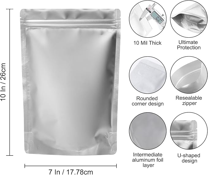 200 Pcs 1 Quart Mylar Bags for Food Storage, 10 Mil Thick 7x10 Inch Stand-Up Zipper Pouches, Airtight Resealable & Heat Sealable for Dehydrated, Freeze Dried, Grains, Long Term Storage