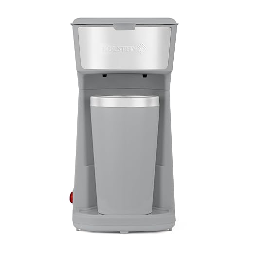 Holstein Housewares Personal Coffee Maker with 14oz Travel Mug – Compact One-Touch Brew Machine with Reusable Filter, Auto Shut-Off, Non-Stick Plate, Ideal for Home, Office, or Dorm. Grey