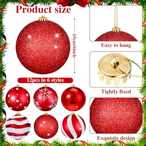Poen 12 Pcs 6 Inch Retro Christmas Ball Ornaments Shatterproof