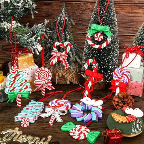 AUGSUN 16Pcs Christmas Lollipop Ornaments, Polymer Clay Peppermint Pendants