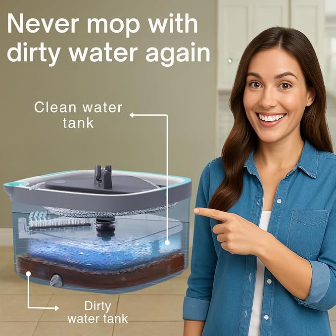 True & Tidy Square Spin Mop & Bucket System w/ 2pc Machine Washable Pads