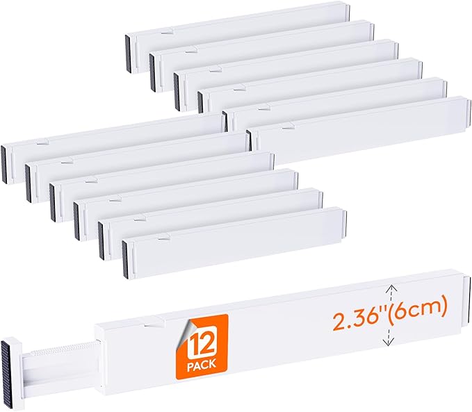 Lifewit 12 Pack 2.36" High Drawer Dividers 40-56cm/16-22 Adjustable Drawer Organizer for Clothes/Utensils, Expandable Drawer Separator in Dresser/Kitchen/Bedroom/Office Organization & Storage White
