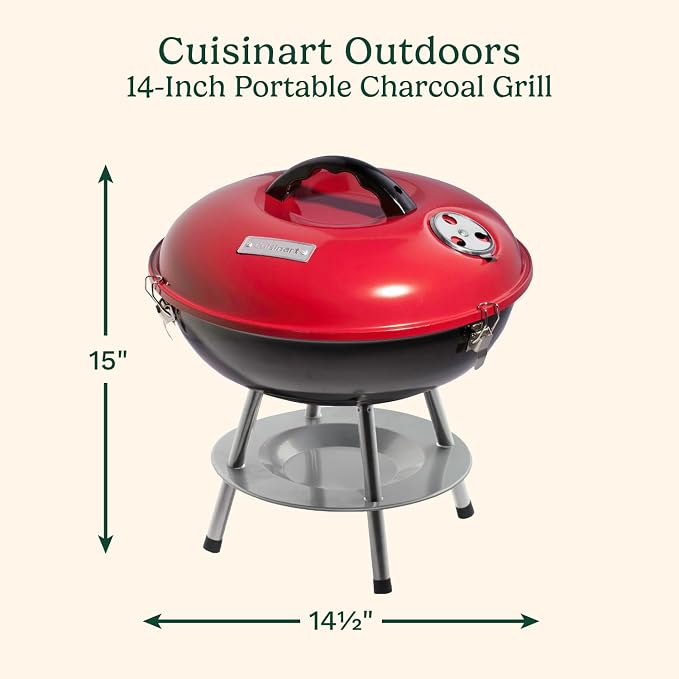 Cuisinart Charcoal Grill, Portable Tabletop Design, Locking Lid, 14"
