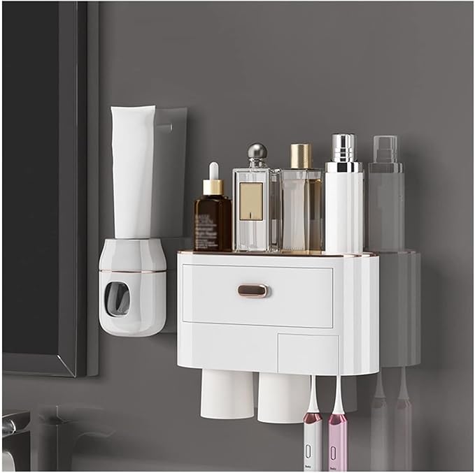 Toothbrush Rack Wall-Mounted Toothbrush Holder Punch-Free Multifunctional Storage Rack with Mouthwash Cup Toothpaste Squeezer Kit Bathroom Toothbrush Holder(A,Medium)