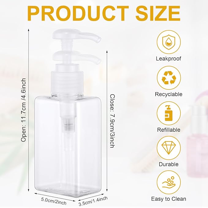 Domensi 50 Pcs 100ml /3.4 oz Pump Bottle Mini Travel Bottles Small Dispenser Containers Plastic Pump Lotion Dispenser Empty Square Travel Size Containers Toiletries (Clear)