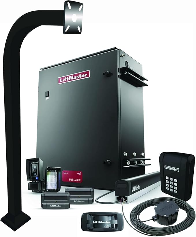 INSL24UL Industrial Slide Gate Operator Kit – 24VDC Brushless Motor, 2,200 lb / 70 ft Capacity – Includes 811LM, KPW250, MyQ 828LM, LMRRUL Photo Eye, S505AL Accessory, CP4, LA Ornamental Pedestal