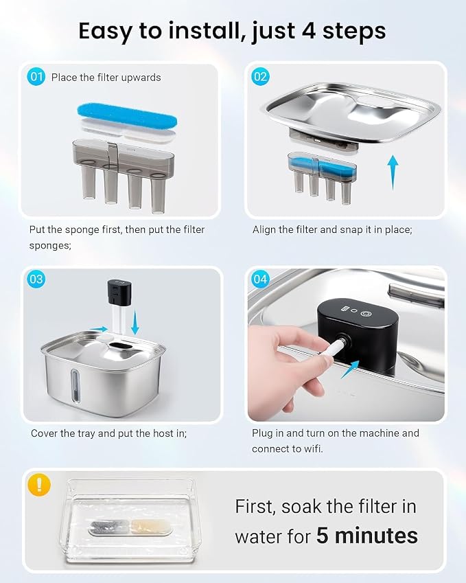 10L Pet Water Fountain Filters, Stainless Steel Dog Cat Dispenser with Wi-Fi, 2.64 Gallon Automatic Filtered Water Bowl Using Filter, 8 Filters and Sponges