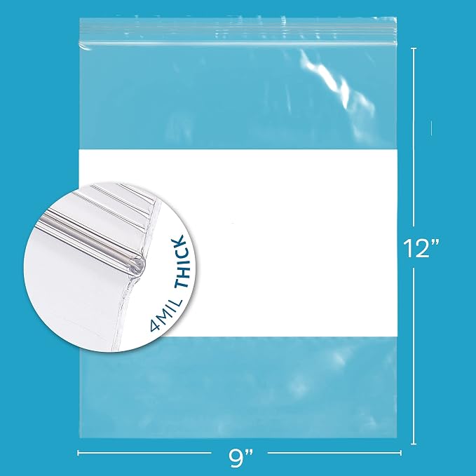 GPI - 9" x 12" - Bulk Pack of 200, 4 Mil Thick, Heavy Duty, Clear Plastic Reclosable Zip Bags, With Write-on White Block for Labeling, Strong & Durable Poly Baggies With Resealable Zipper Top Lock.