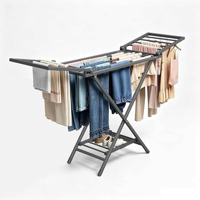 Clothes Drying Rack Heavy Duty, Foldable Laundry Dryer Stand for Clothing & Towel, Free Standing Collapsible for Indoor & Outdoor, 2-Level Clothing Drying Rack, 63" L× 17.7" W, Gray