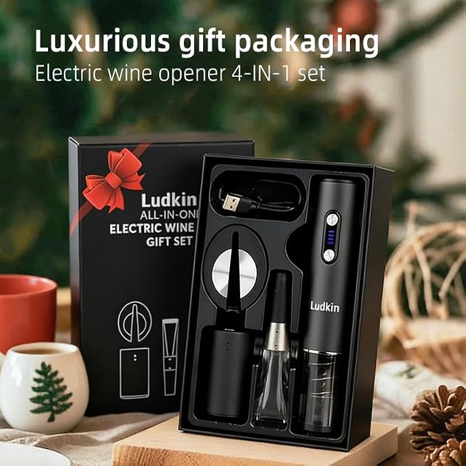 Electric Wine Opener Set, Rechargeable 4-in-1 Corkscrew Luxury Gift Box with Charging Vacuum Stopper, Aerator Pourer & Foil Cutter,Cordless Metal Automatic Bottle Opener Kit for Men & Women