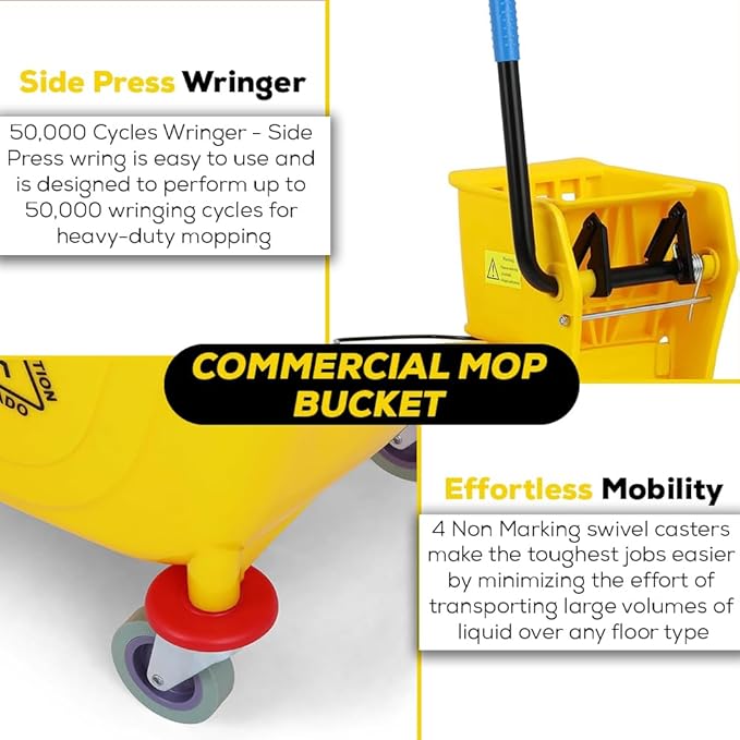 Simpli-Magic 79358 Commercial Mop Bucket with Side Press Wringer, 26 Quart, 14.75"L x 12.95"W x 19.95"H, Yellow