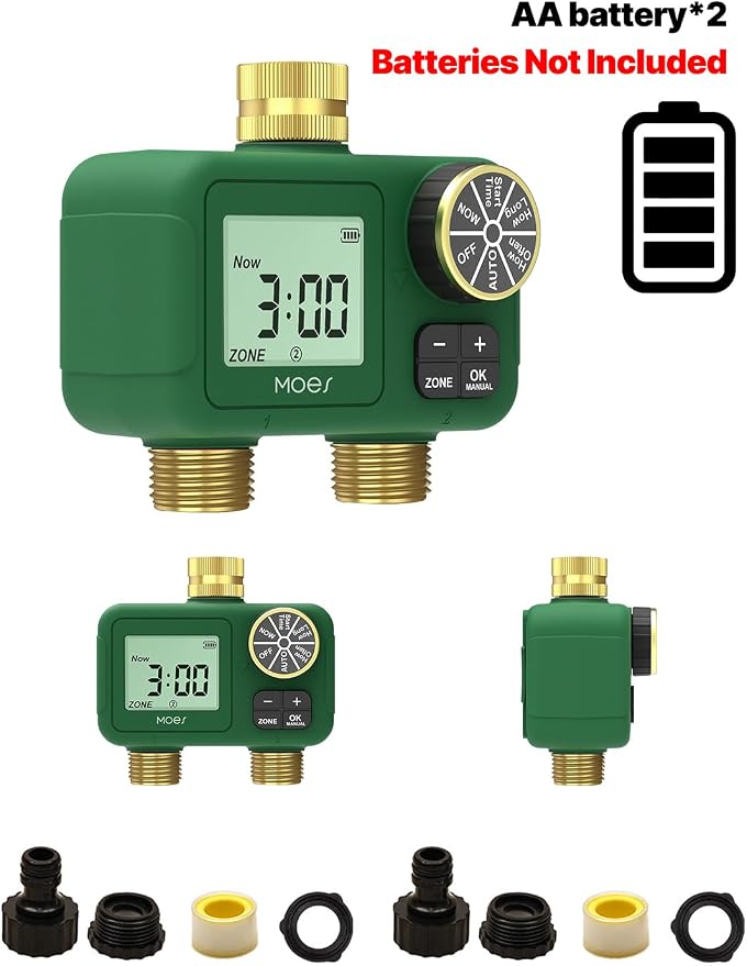MOES 2 Zone Water Timer for Garden Hose, 3/4 in Brass Inlet and Outlets, Battery Operated Sprinkler Timer, Dual Outlet Faucet Valve, Rain Delay, Manual Watering, Non-WiFi