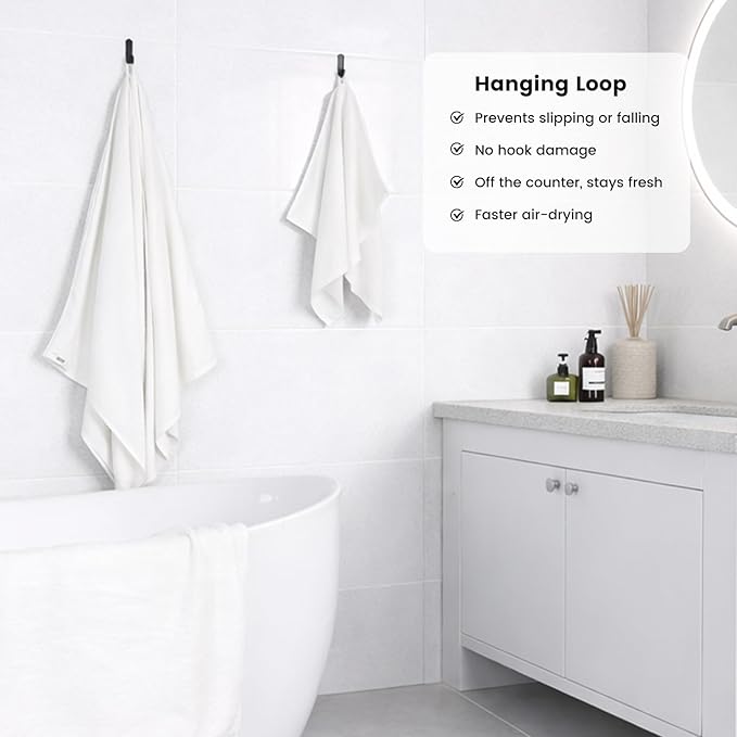 SEMAXE Bath Towel Set, 12 Piece Cotton Towel Set for Bathroom, More Towels for Family Use, Quick Dry with Hanging Loops, Easy Care, White
