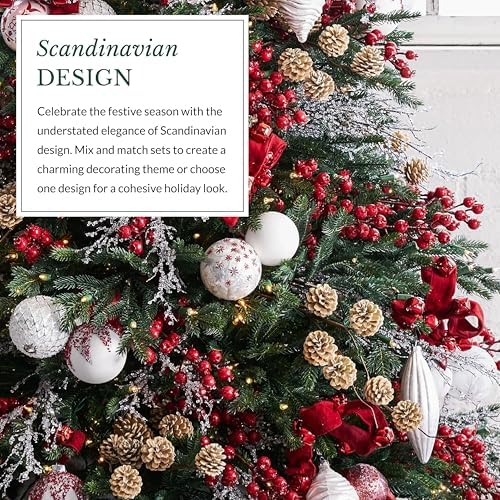 Balsam Hill Nordic Frost Ornaments - Vintage Glass Ball Christmas Ornaments with Beading & Glitter in White, Silver & Red for Holiday Decor