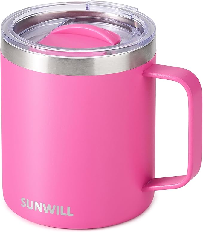 SUNWILL Insulated Coffee Mug, Stainless Steel 14 oz, Splash-Proof Lid | Keeps Drinks Hot & Cold, Powder-Coated Magenta Finish, Dishwasher Safe, Ideal for Home & Office