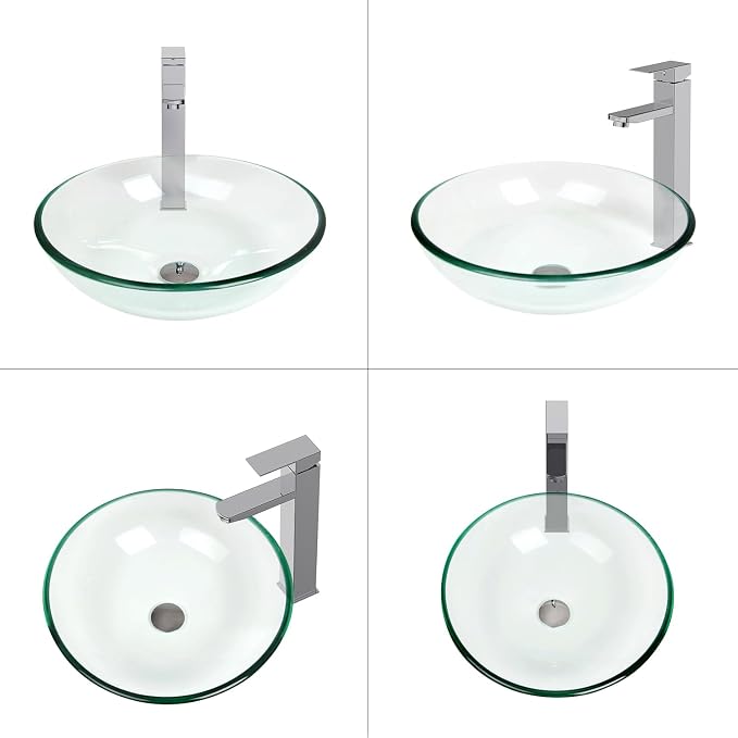 Bathroom Vessel Sink, Tempered Glass Vanity Round Bowl, Clear | Chrome Faucet, Pop Up Drain, Above Counter, Easy Clean
