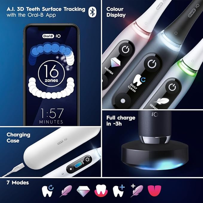 Oral-B Rechargeable Electric Toothbrush, iO9 Genius, 7 Cleaning Modes, Interactive Display, Charging Travel Case, Visible Pressure Sensor, 4 Brush Heads, Rose Quartz