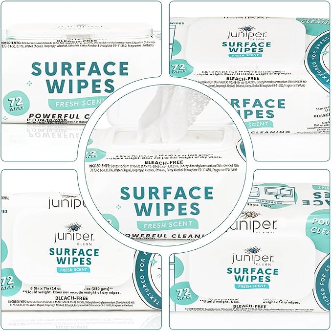 Juniper CLEAN 3 Pack Surface Cleaning Wipes Bleach Free, All-Purpose Cleaner for Bathroom, Kitchen, Office, 72 Count Soft Flow, Fresh Scent, Lint Free & Durable