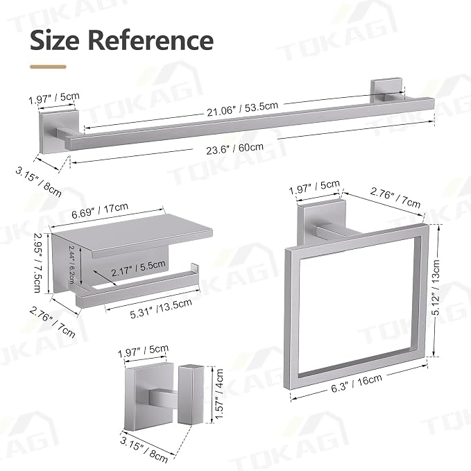 TQKAG 5-Pieces Brushed Nickel Bathroom Hardware Accessories Set 23.6" SUS304 Stainless Steel Towel Bar Set Wall Mounted Square Toilet Paper Holder with Shelf