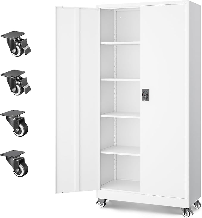 Metal Garage Storage Cabinets with Lock Door and Adjustable Shelves, Steel Tool Cabinets for Home,Office,Warehouse Organisieren (White, 75" H)
