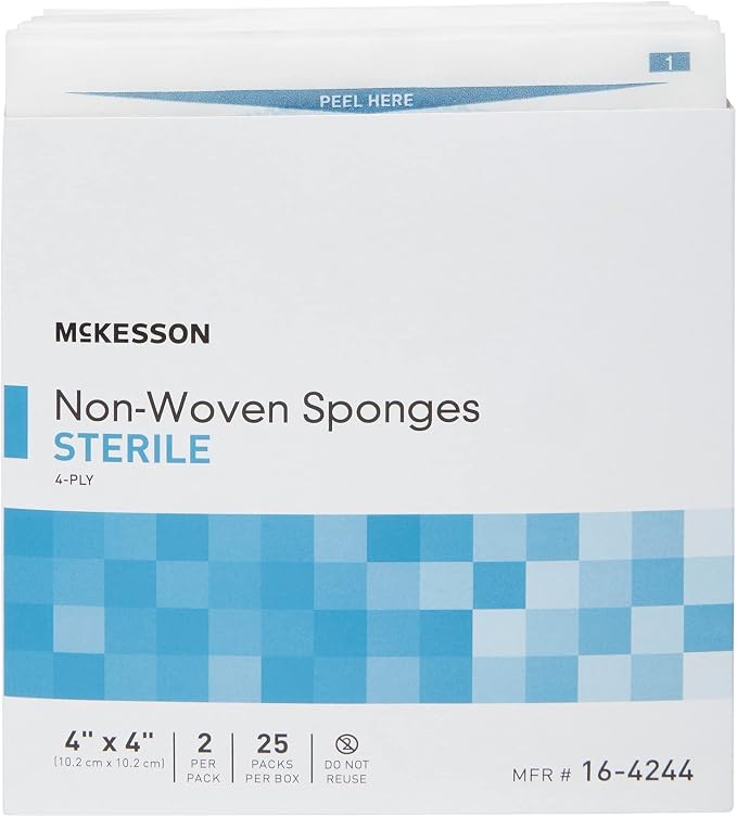 McKesson Non-Woven Sponges, Sterile, 4-Ply, Polyester/Rayon, 4 in x 4 in, 2 per Pack, 50 Packs, 100 Total