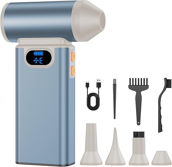Metal Electric Compressed Air Duster, 300000RPM High Speed Rechargeable Air Blower&Pump for Leaf Blower with Digital Display, 4-Speed Modes-Brushless Motor Mini PC Dust Cleaner with Light(Silver)