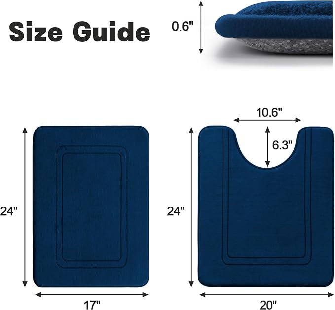 YIHOUSE Memory Foam Bath Mat Set, Bathroom Rugs Sets 2 Pieces, Non Slip Bath Mats for Bathroom, Super Soft and Water Absorbent Bath Rug Set, Machine Washable U Shape Toilet Rug,Dark Blue
