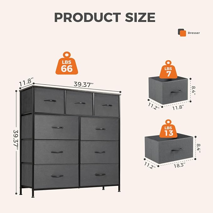 Sweetcrispy 9 Drawer Fabric Dresser Tall Chest Storage Organizer Tower | Cabinet Metal Frame and Wood Top Lightweight Closet Furniture for Bedroom, Charcoal Grey