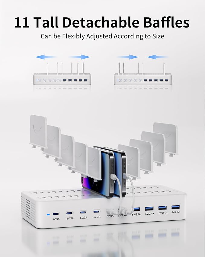 100W Charging Station for Multiple Devices, 10-Port USB Fast Charging Station with Adjustable Dividers & 10 Cables- Multi Device Organizer Charging Dock for iPhone, iPad, Tablets & More(White)