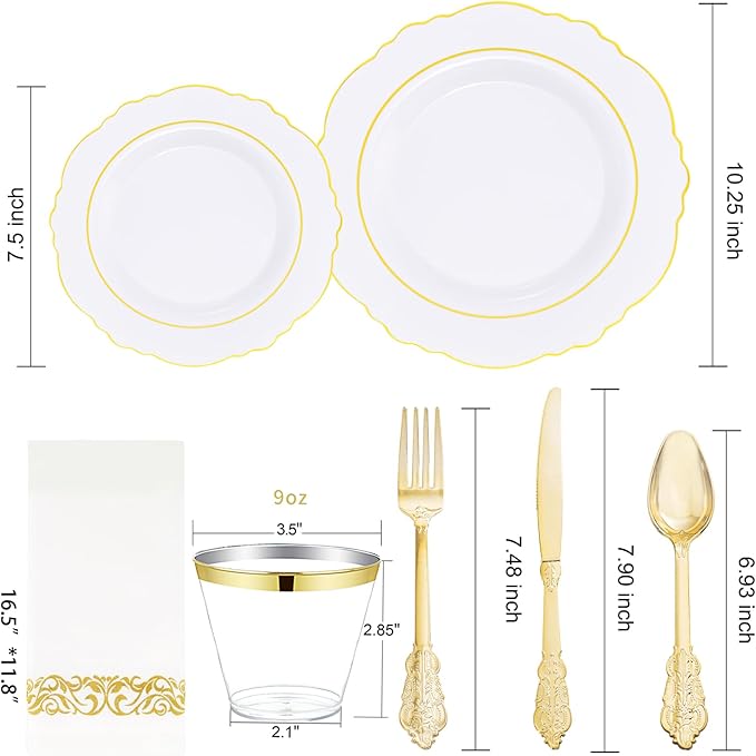 WDF Partyware 350 Pieces Gold Disposable Plates for 50 Guests, Plastic Plates for Party, Dinnerware Set of 50 Dinner Plates, 50 Salad Plate, 50 Spoons, 50 Forks, 50 Knives, 50 Cups for Wedding/Party