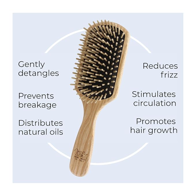 TEK | Rectangular Wooden Hair Brush Big with Short Rounded Teeth in Natural Ash Wood, Ideal for Detangling, Styling and Daily Care of Short to Medium-Lenght Hair | 22x6cm | Handmade in Italy