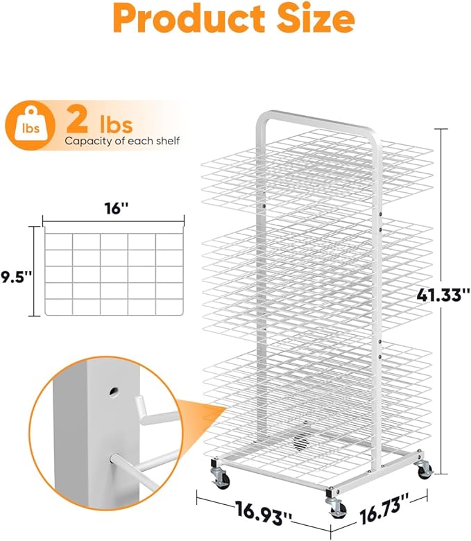 Art Drying Rack with 40 Removable Shelves, Mobile Metal Paint Drying Stand with Lockable Wheels, Functional Canvas Rack Art Storage for Artwork in Classrooms, Art Studios and Schools, White