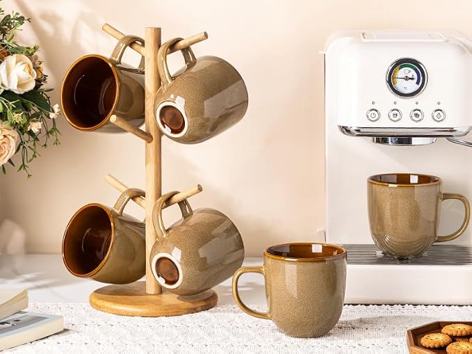 LERATIO Ceramic Coffee Mugs Set of 6,12oz Handmade Coffee Mugs Set | Large Handle for Cappuccino/Latte/Tea/Hot Cocoa,Oven &Dishwasher & Microwave Safe-Chestnut