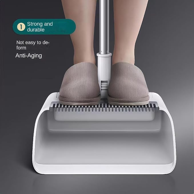 3in1 Broom and Dustpan Combo with Cleaning Teeth, Adjustable Long Handle, 180° Rotating Broom,Ideal for Pet Hair, Indoor Outdoor Heavy Duty Floor Sweeping (White)