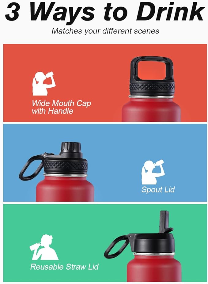 Coolflask Water Bottle 40 oz Insulated with Straw, Stainless Steel Metal 3 Lids Water Flask for Sports or Office, Keep Cold 48H Hot 24H, Red