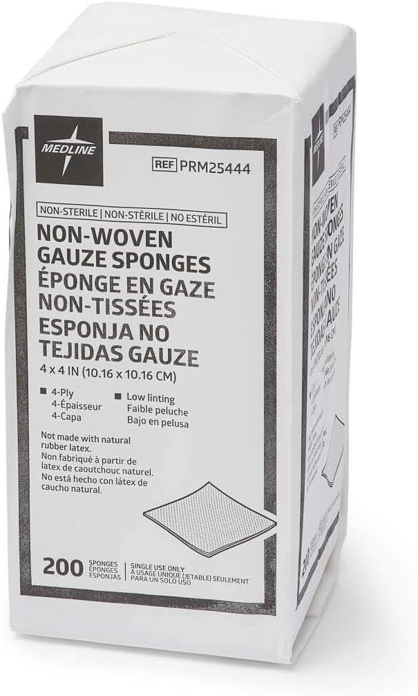 Medline Non-Woven Non-Sterile Gauze Sponge, 4 x 4 Inch, 4-Ply | Rayon/Polyester Blend, Virtually Non-Adherent, Less Linting, Balance of Strength and Absorbency, 10 Packs of 200