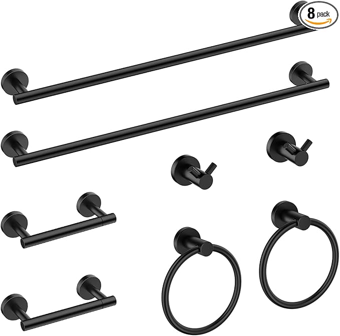 FORIOUS Bathroom Hardware Accessories Set, SUS304 Stainless Steel Towel Bar Set, Modern Towel Racks Holder for Bathroom, Toilet Paper Holder Wall Mounted 8 Pieces(24" Bar, Matte Black, 2 Pack)